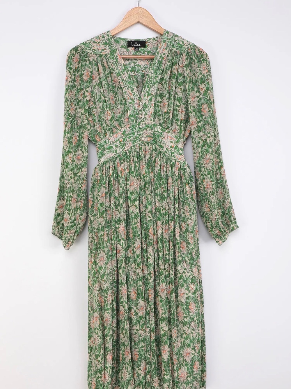 Lulus Garden Dancer Green Floral Pleated Long Sleeve Midi Dress Small
